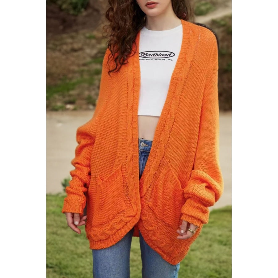 Cable-Knit Open Front Cardigan with Pockets Orange / S