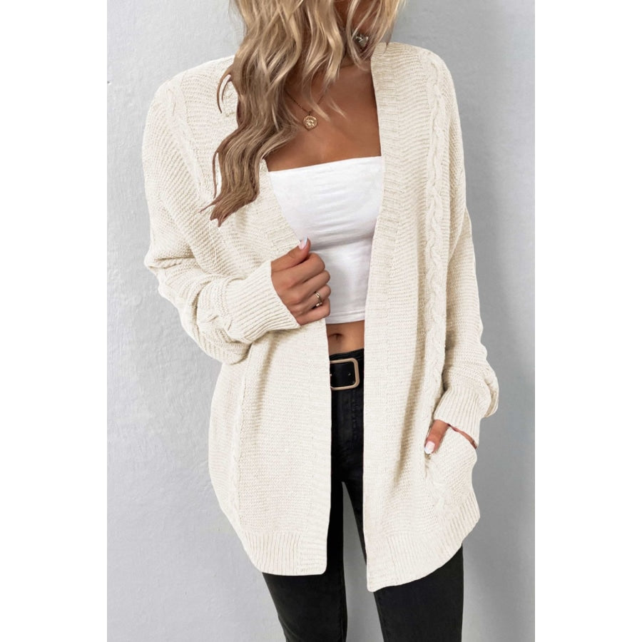 Cable-Knit Open Front Cardigan with Pockets