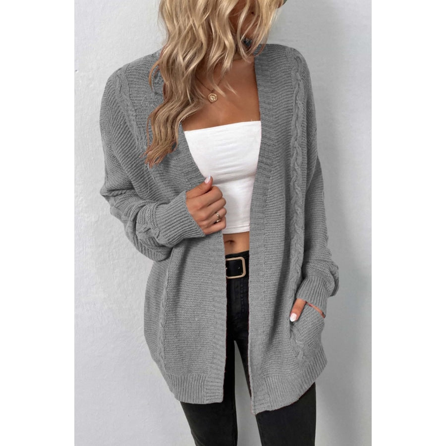 Cable-Knit Open Front Cardigan with Pockets