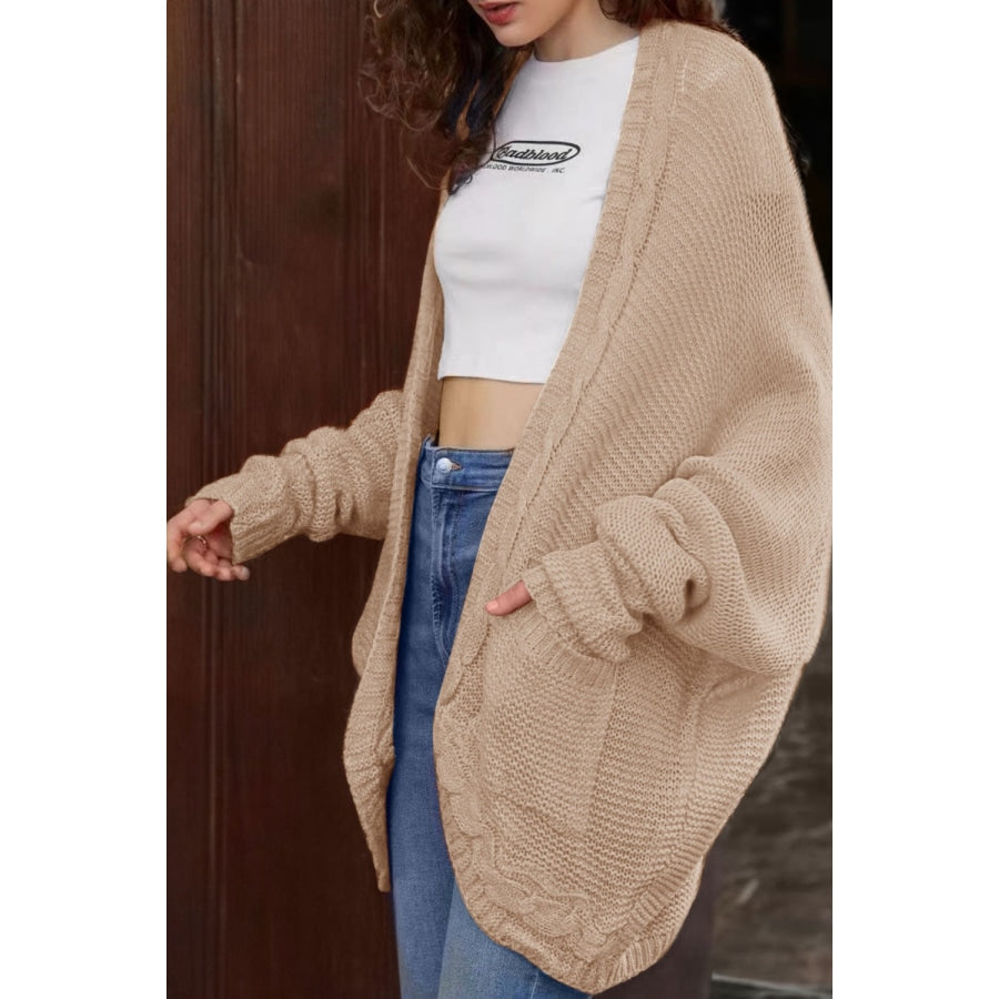 Cable-Knit Open Front Cardigan with Pockets