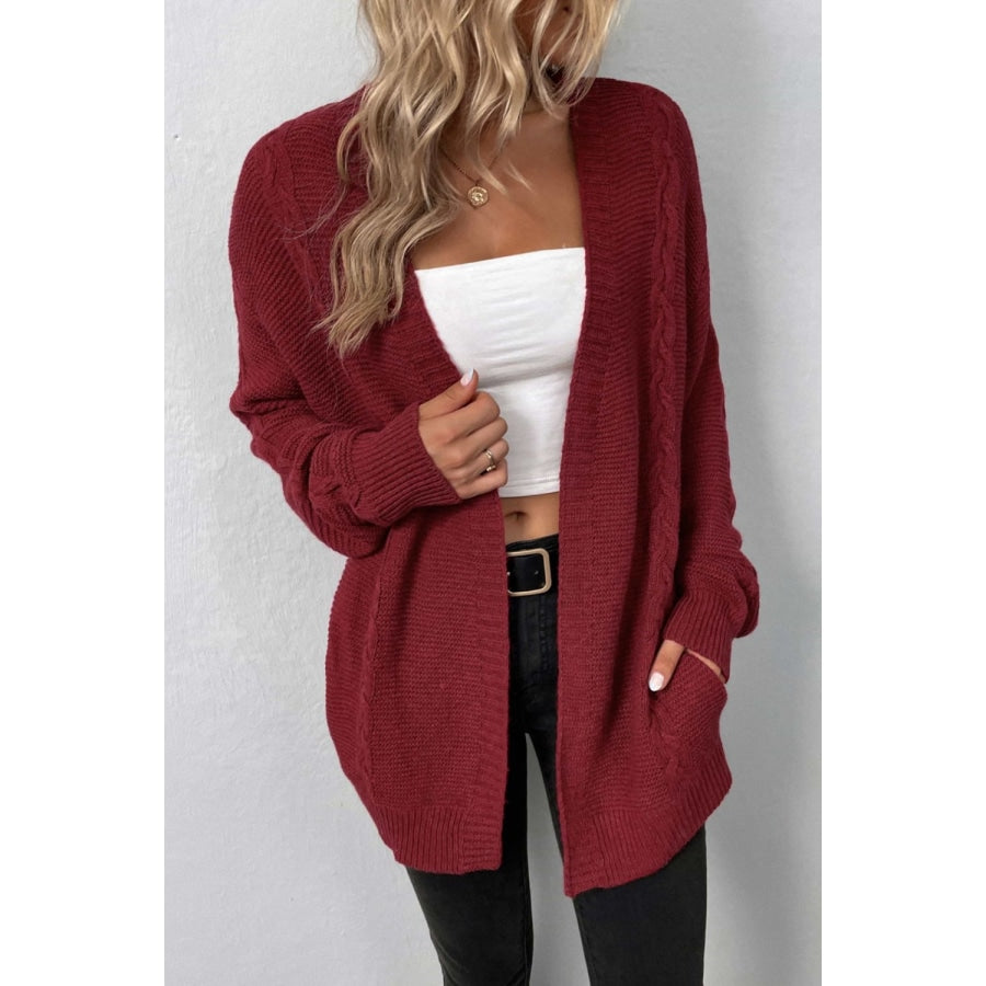 Cable-Knit Open Front Cardigan with Pockets Wine / S