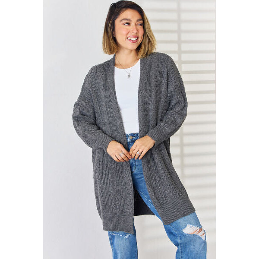 Cable - Knit Open Front Dropped Shoulder Cardigan Charcoal / S Apparel and Accessories