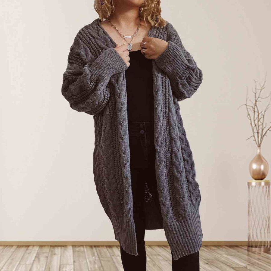 Cable-Knit Open Front Dropped Shoulder Cardigan Charcoal / S