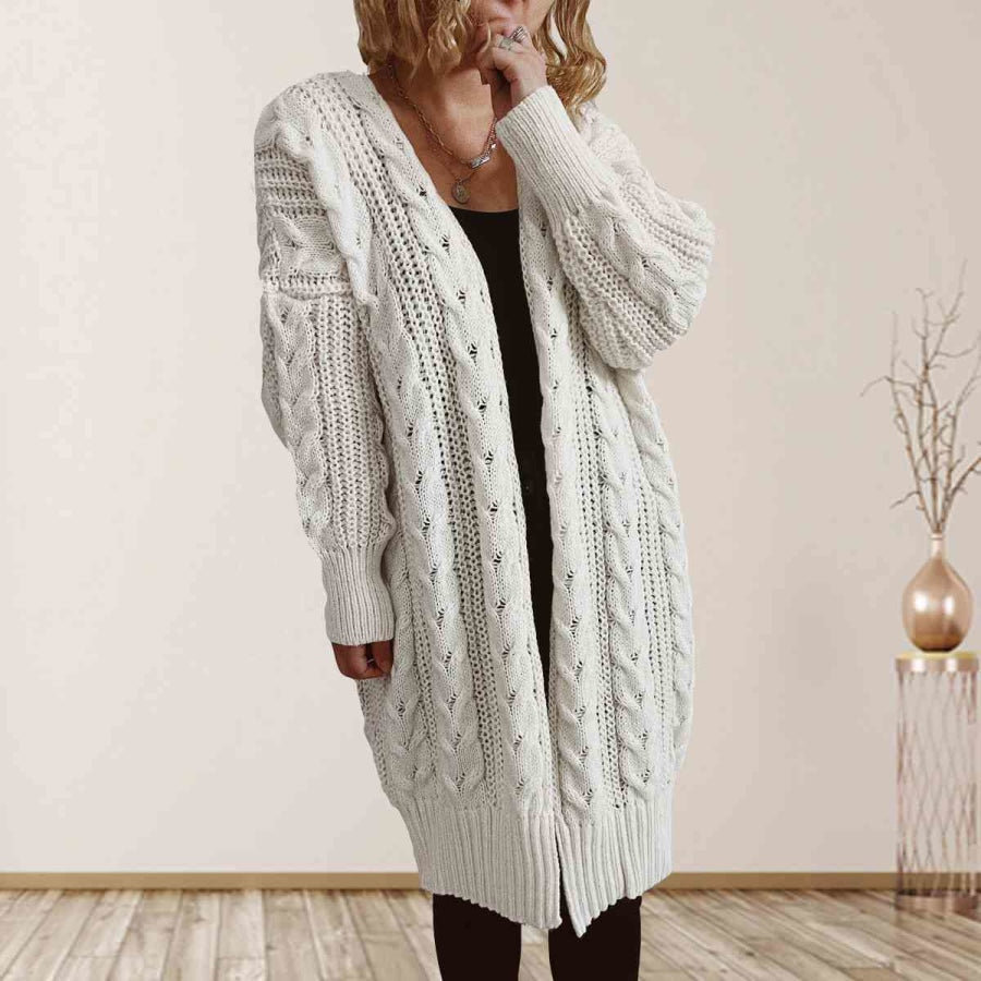 Cable-Knit Open Front Dropped Shoulder Cardigan Cream / S