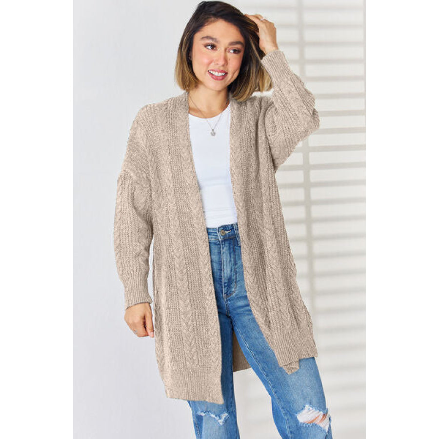 Cable - Knit Open Front Dropped Shoulder Cardigan Khaki / S Apparel and Accessories