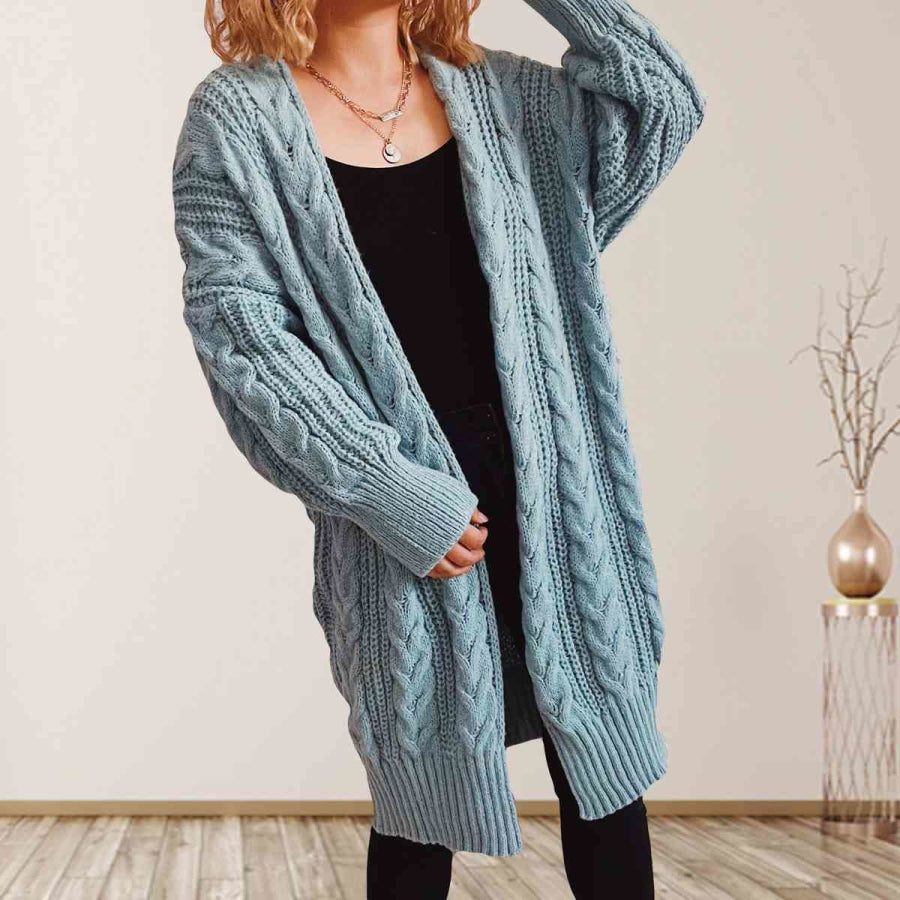 Cable-Knit Open Front Dropped Shoulder Cardigan Misty Blue / S