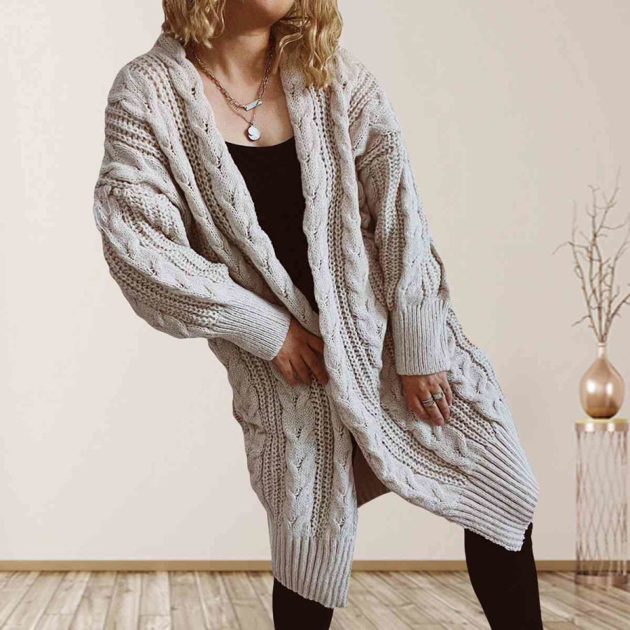 Cable-Knit Open Front Dropped Shoulder Cardigan Tan / S