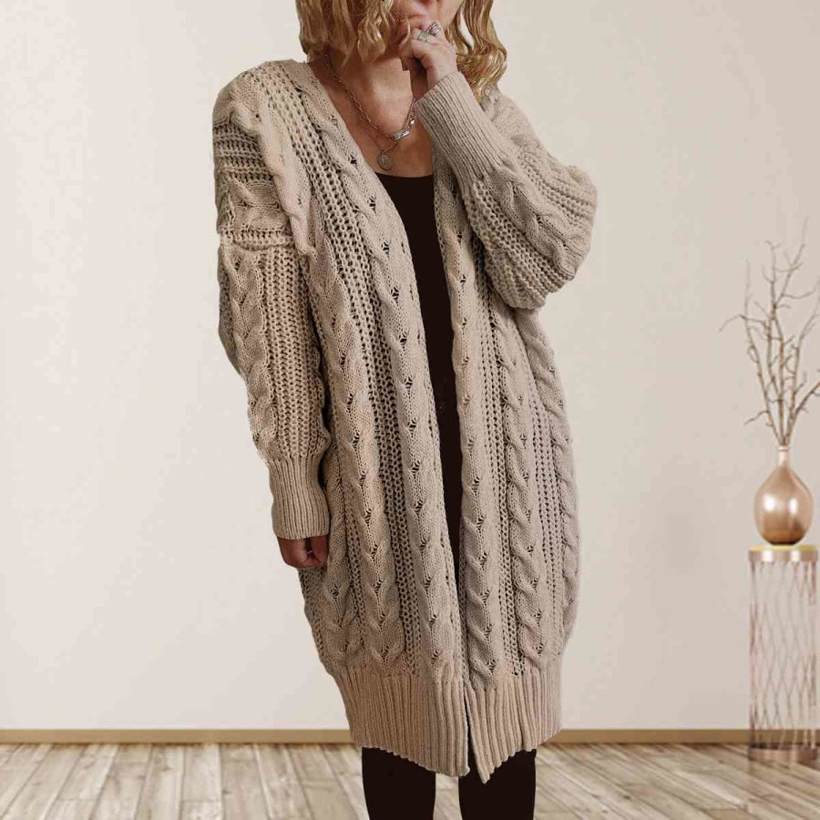 Cable-Knit Open Front Dropped Shoulder Cardigan Taupe / S