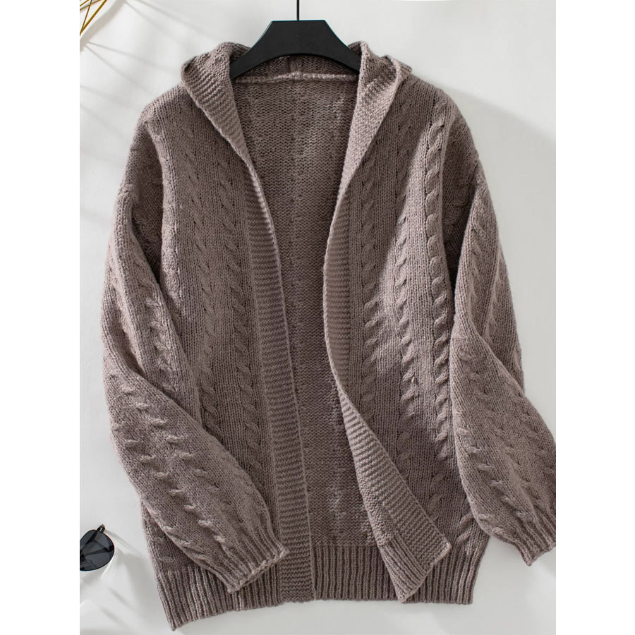 Cable Knit Open Front Hooded Cardigan Coffee Brown / S Apparel and Accessories