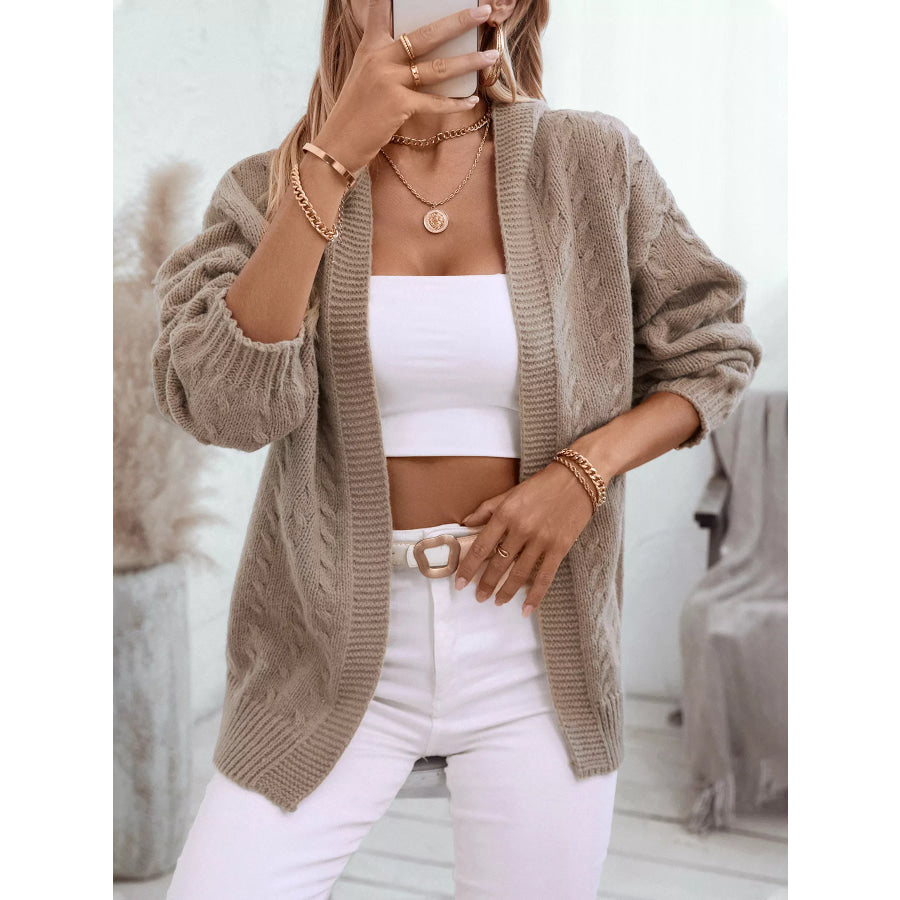 Cable Knit Open Front Hooded Cardigan Khaki / S Apparel and Accessories