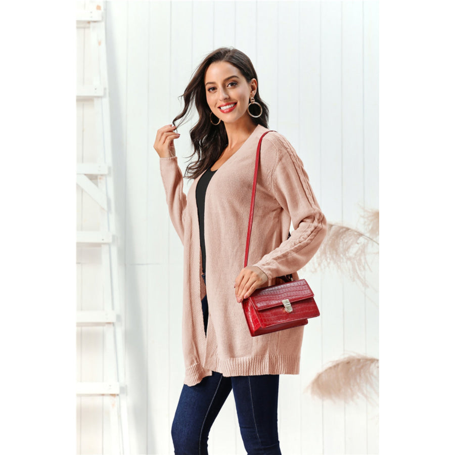 Cable-Knit Open Front Long Sleeve Cardigan Apricot / S Apparel and Accessories