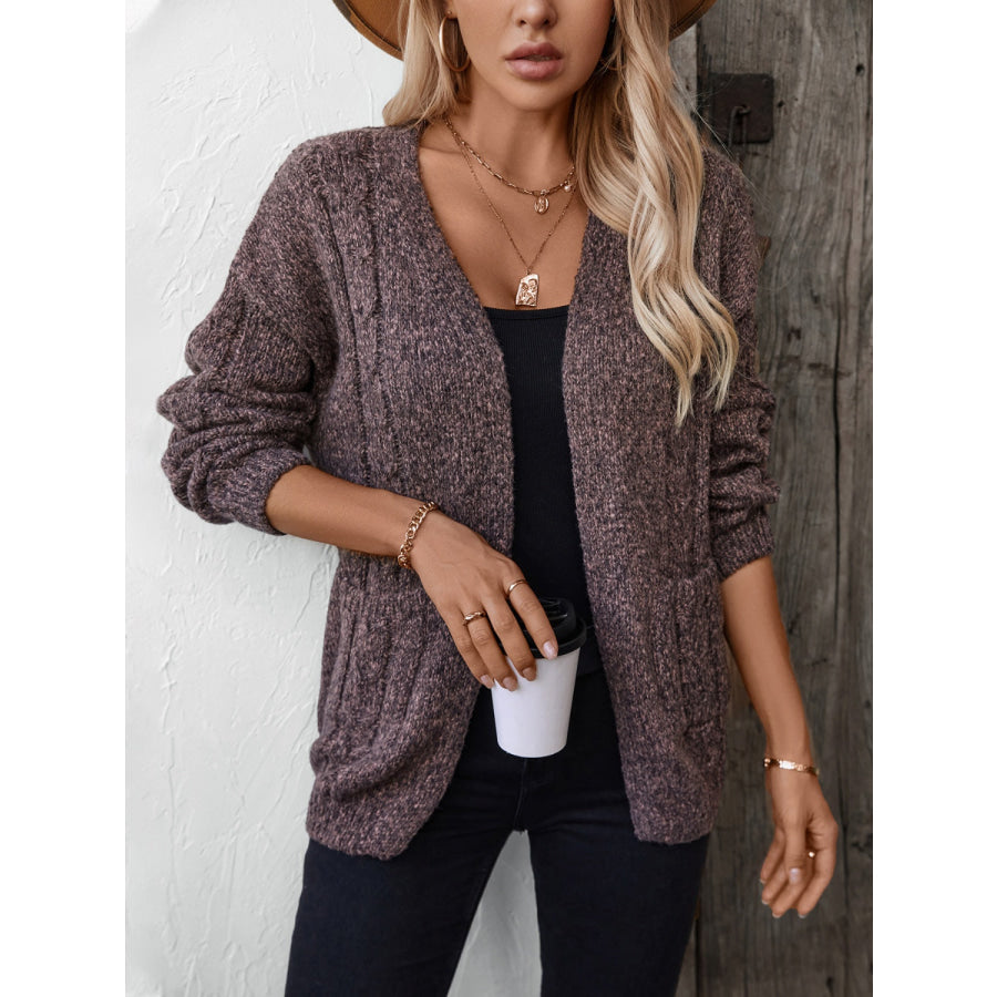 Cable-Knit Open Front Long Sleeve Cardigan Plum / S Apparel and Accessories