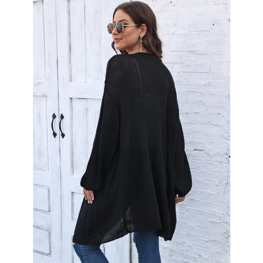 Cable-Knit Open Front Long Sleeve Cardigan Black / One Size Apparel and Accessories