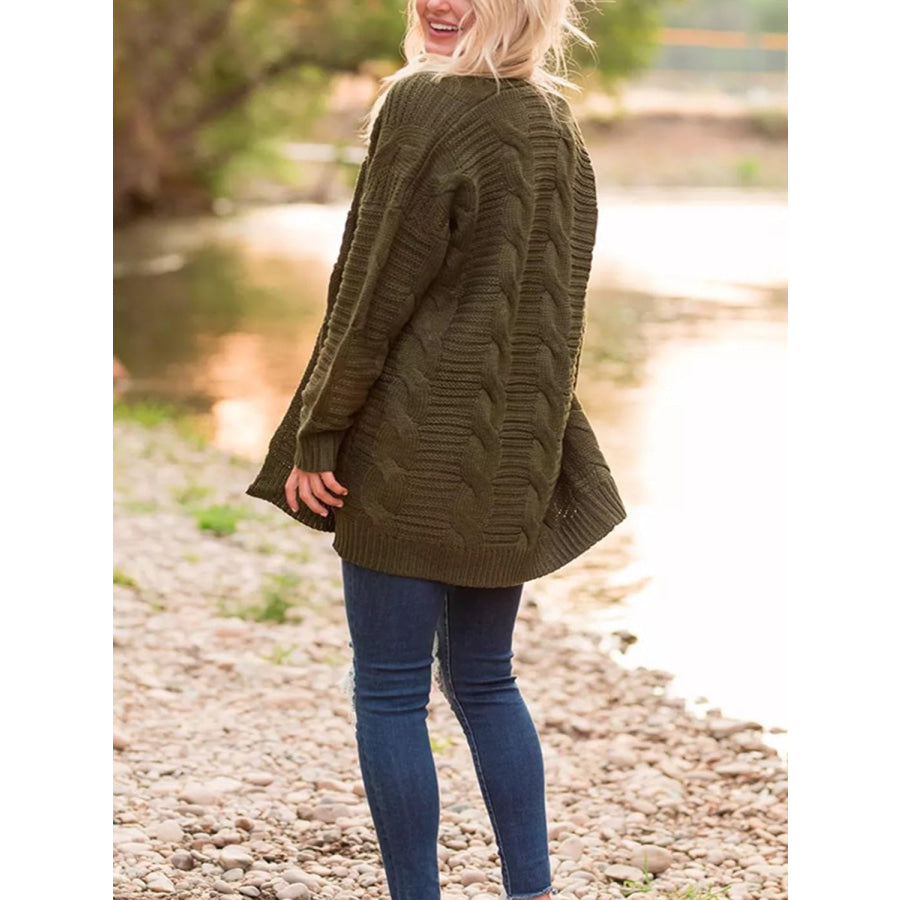 Cable-Knit Open Front Long Sleeve Cardigan Army Green / S Apparel and Accessories