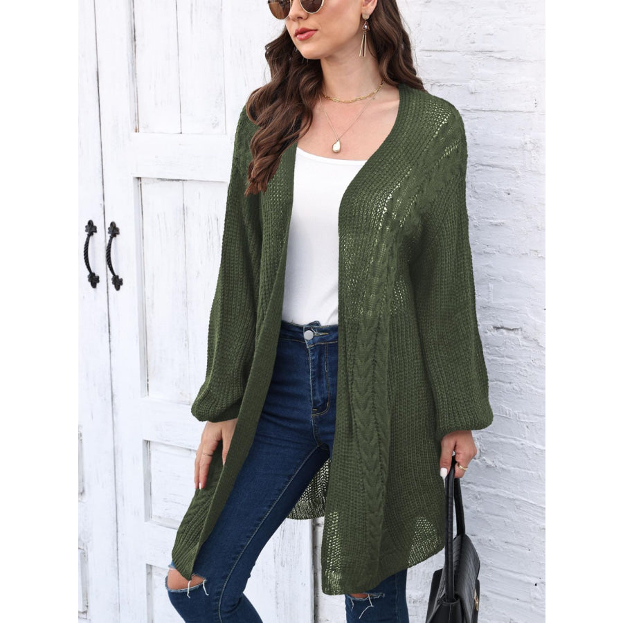 Cable-Knit Open Front Long Sleeve Cardigan Army Green / One Size Apparel and Accessories