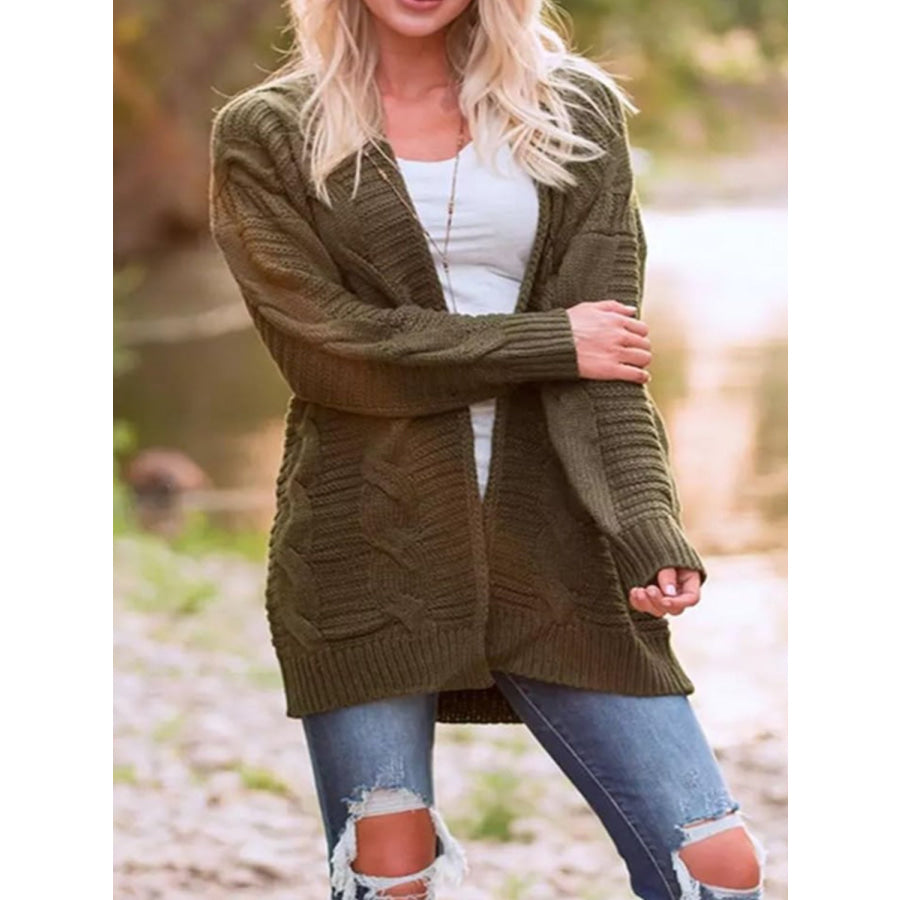 Cable-Knit Open Front Long Sleeve Cardigan Army Green / S Apparel and Accessories