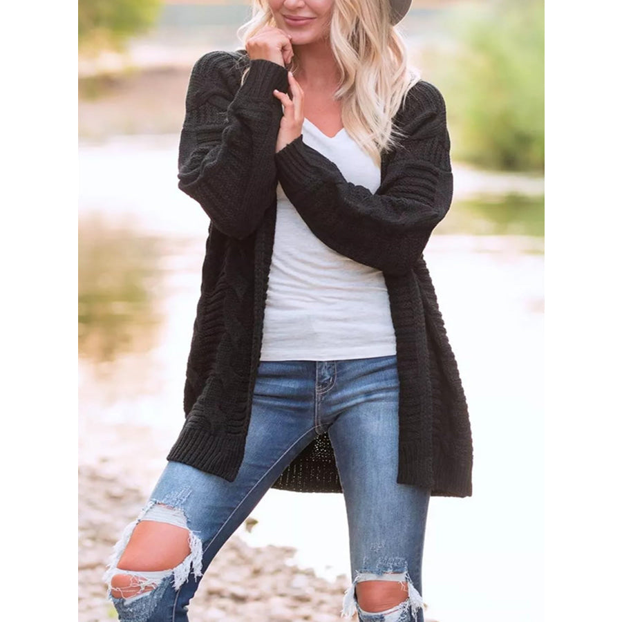 Cable-Knit Open Front Long Sleeve Cardigan Black / S Apparel and Accessories