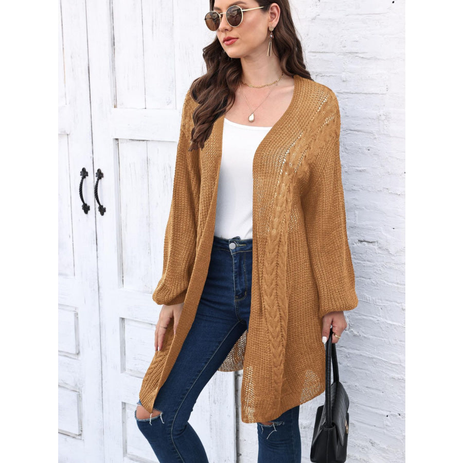 Cable-Knit Open Front Long Sleeve Cardigan Caramel / One Size Apparel and Accessories