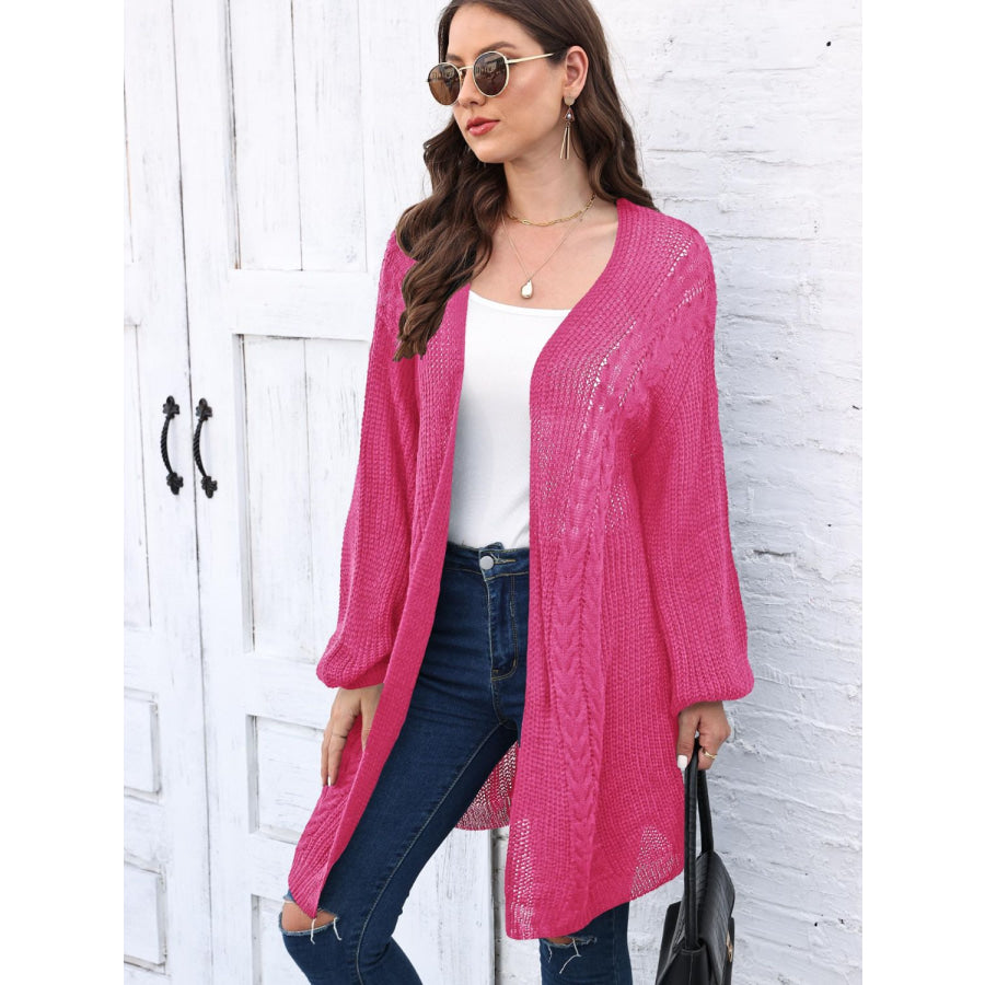 Cable-Knit Open Front Long Sleeve Cardigan Deep Rose / One Size Apparel and Accessories