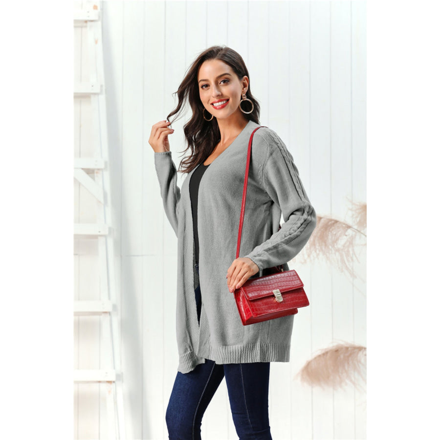 Cable-Knit Open Front Long Sleeve Cardigan Gray / S Apparel and Accessories