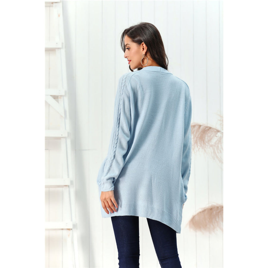 Cable-Knit Open Front Long Sleeve Cardigan Light Blue / S Apparel and Accessories