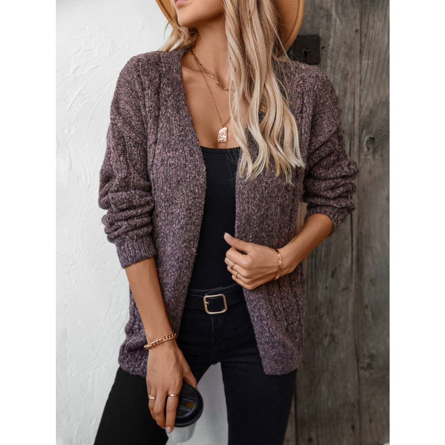 Cable-Knit Open Front Long Sleeve Cardigan Plum / S Apparel and Accessories