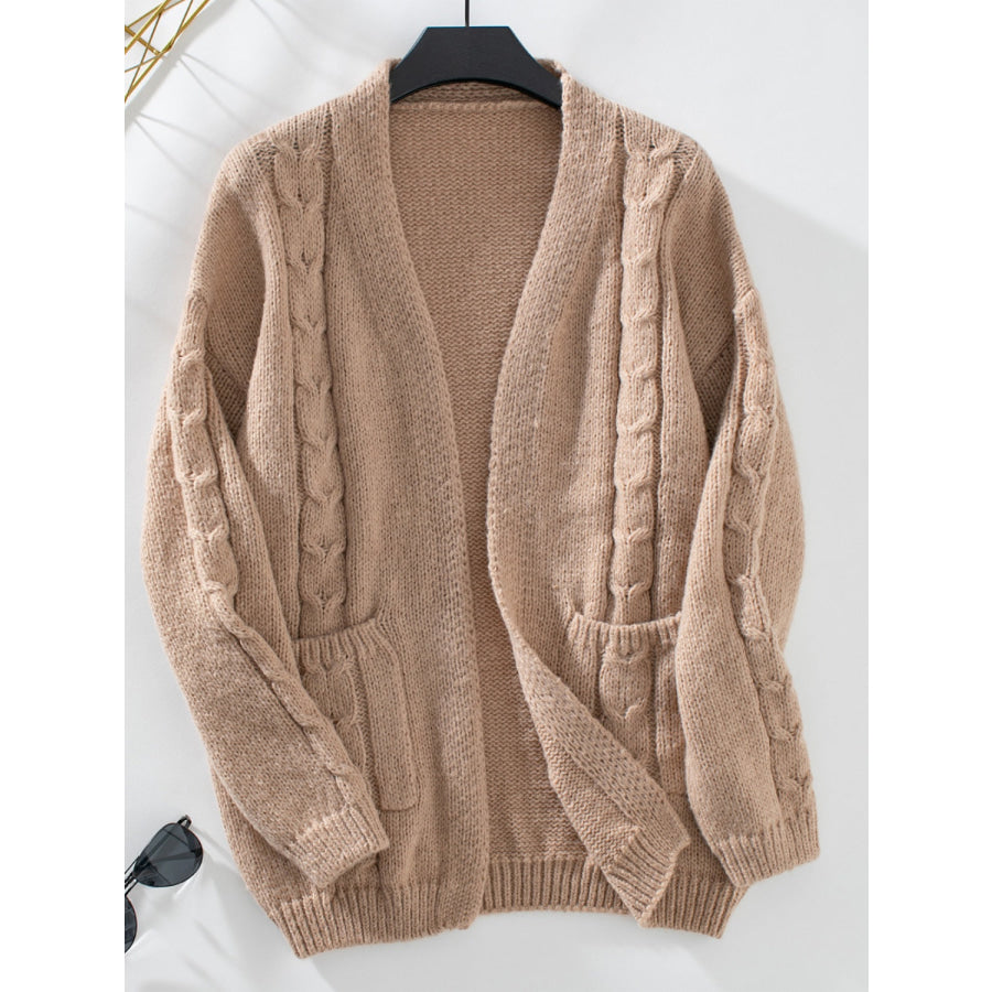 Cable-Knit Open Front Long Sleeve Cardigan Tan / S Apparel and Accessories