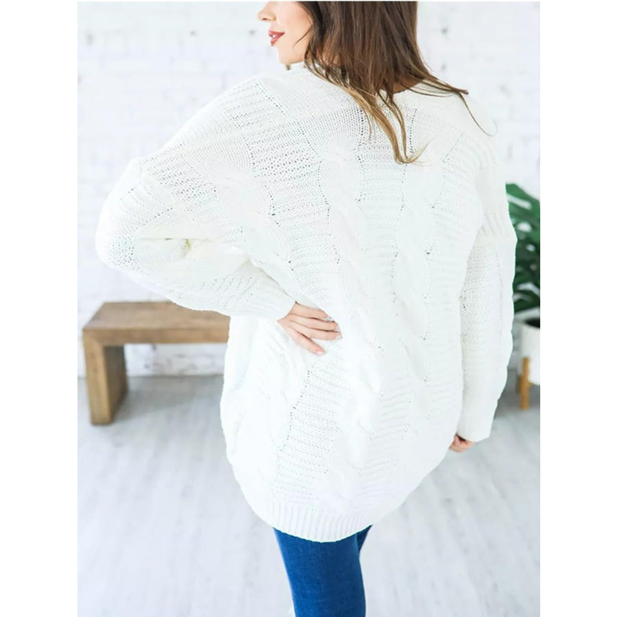 Cable-Knit Open Front Long Sleeve Cardigan White / S Apparel and Accessories