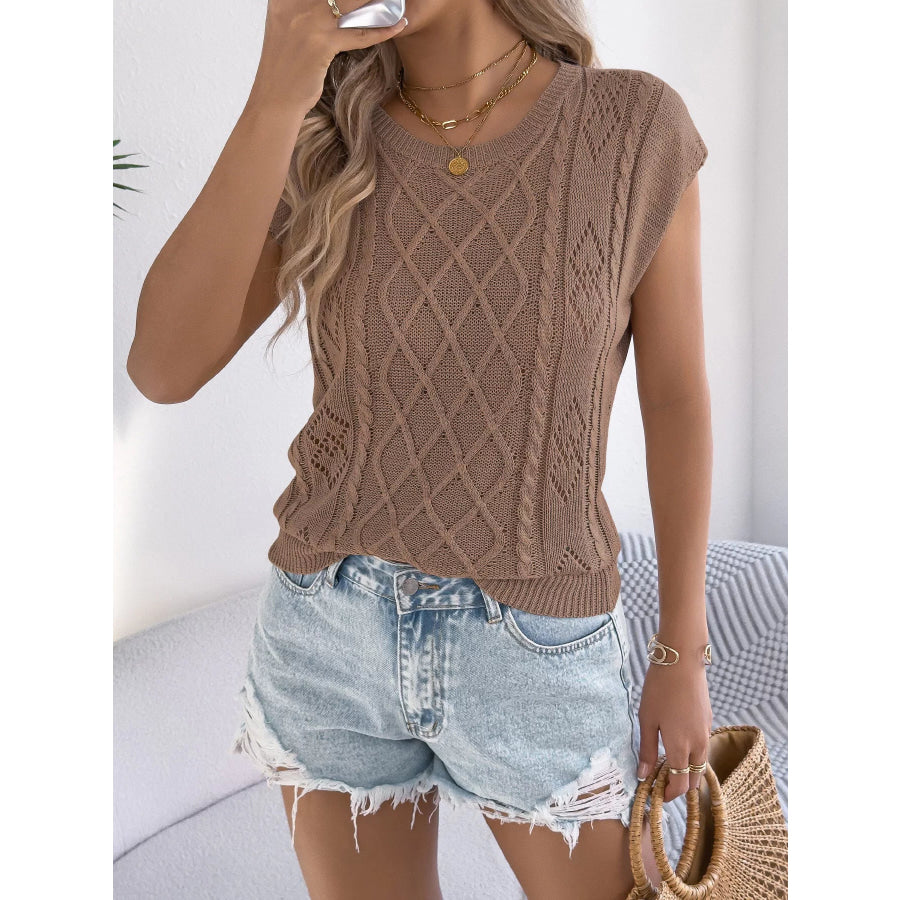 Cable Knit Openwork Cap Sleeve Sweater Apparel and Accessories