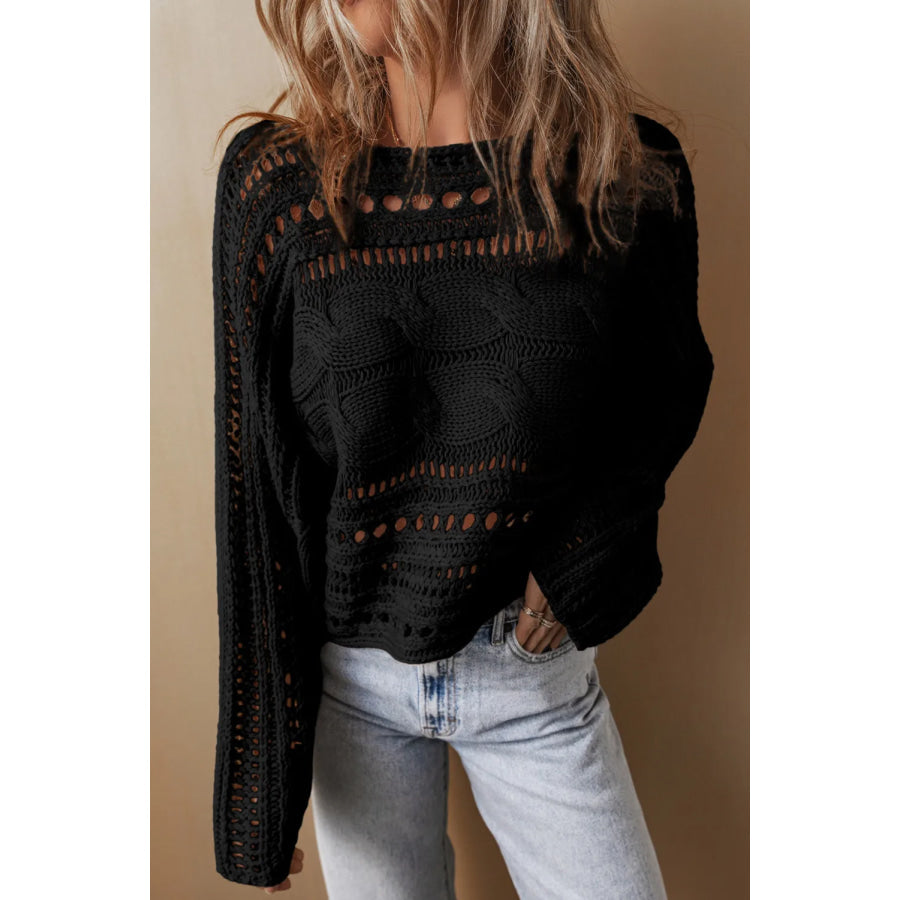 Cable-Knit Openwork Long Sleeve Sweater Apparel and Accessories