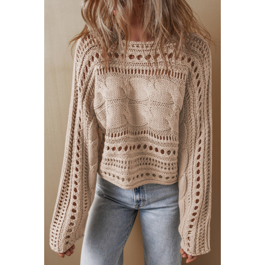 Cable-Knit Openwork Long Sleeve Sweater Apparel and Accessories