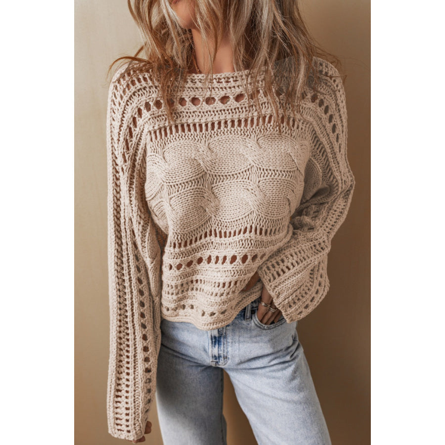 Cable-Knit Openwork Long Sleeve Sweater Apparel and Accessories