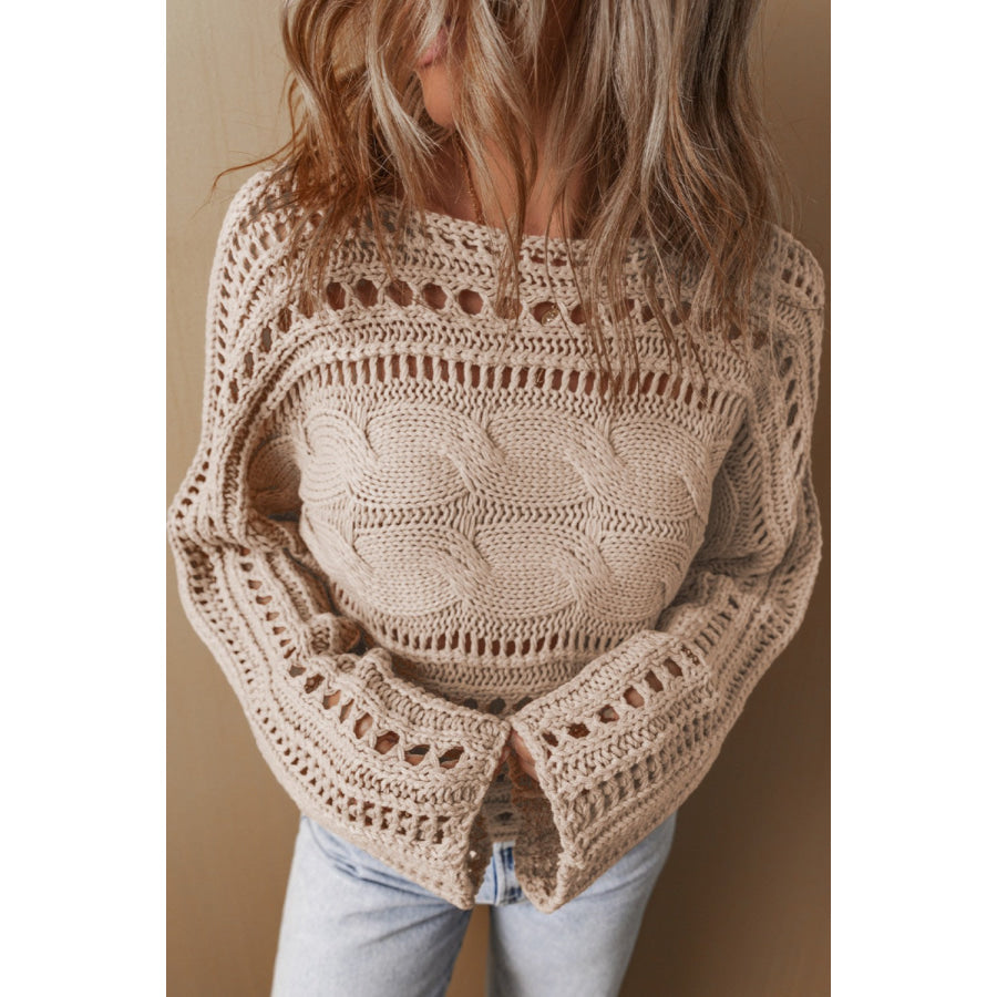 Cable-Knit Openwork Long Sleeve Sweater Apparel and Accessories