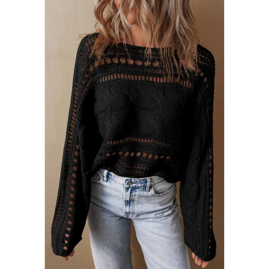 Cable-Knit Openwork Long Sleeve Sweater Black / S Apparel and Accessories