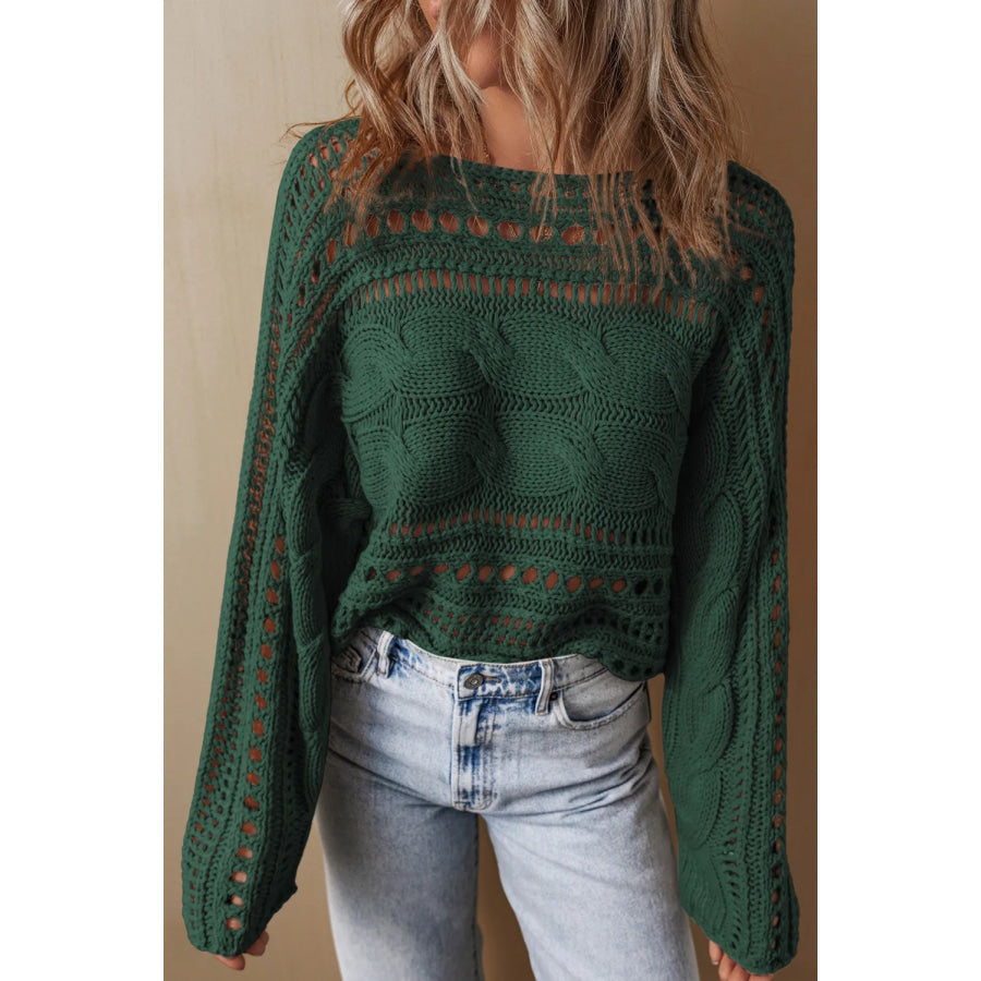 Cable-Knit Openwork Long Sleeve Sweater Dark Green / L Apparel and Accessories