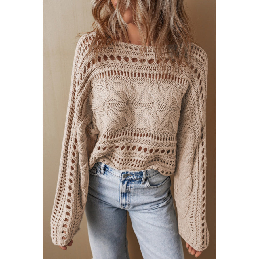 Cable-Knit Openwork Long Sleeve Sweater Dust Storm / S Apparel and Accessories