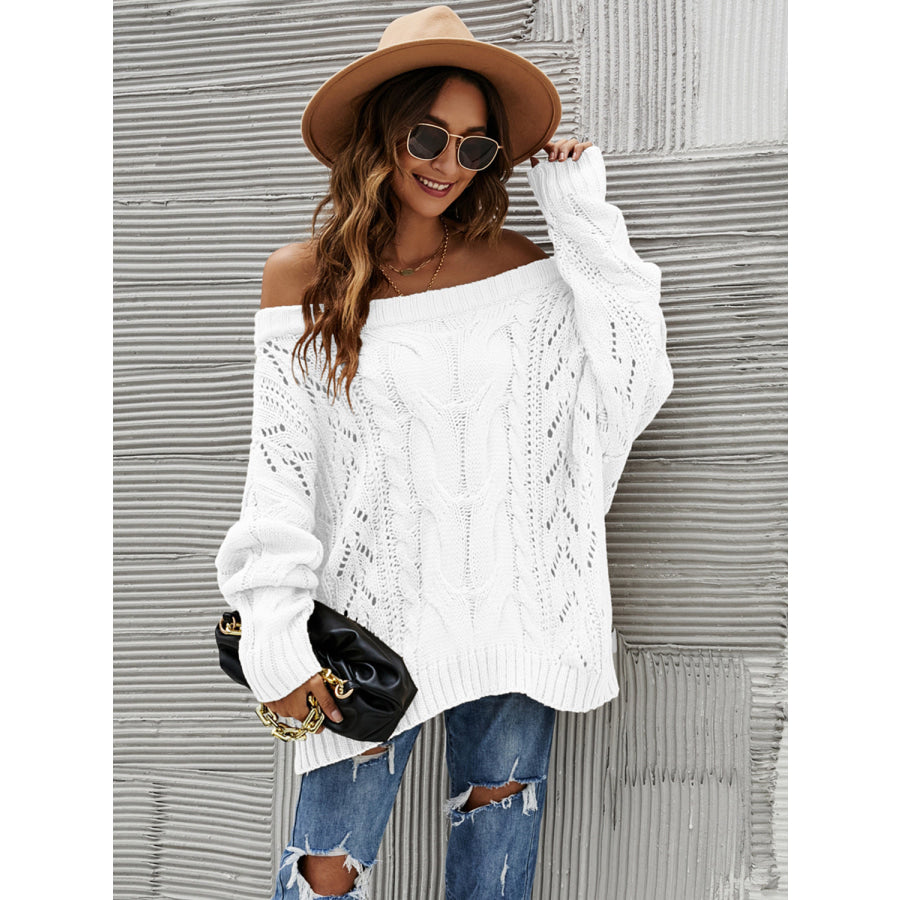 Cable Knit Openwork Off-Shoulder Sweater Apparel and Accessories