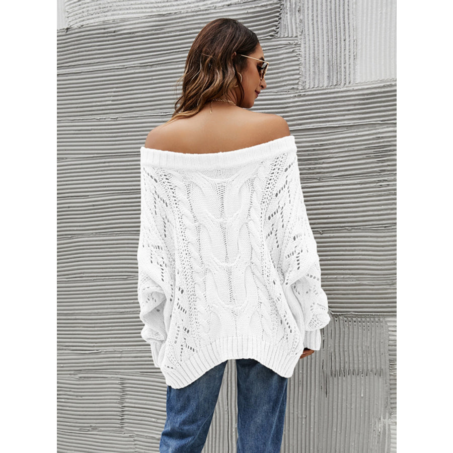 Cable Knit Openwork Off-Shoulder Sweater Apparel and Accessories