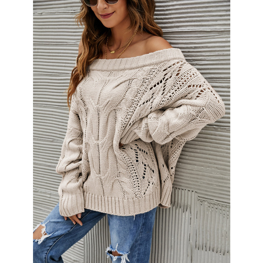 Cable Knit Openwork Off-Shoulder Sweater Apparel and Accessories