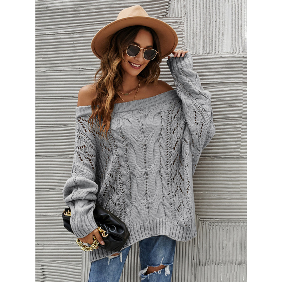 Cable Knit Openwork Off-Shoulder Sweater Apparel and Accessories