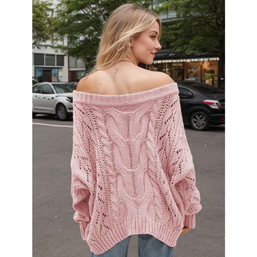 Cable Knit Openwork Off-Shoulder Sweater Apparel and Accessories