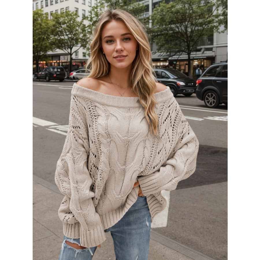 Cable Knit Openwork Off-Shoulder Sweater Apparel and Accessories