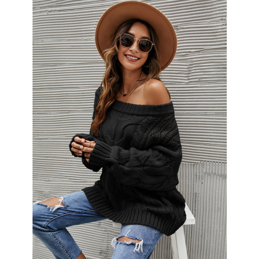 Cable Knit Openwork Off-Shoulder Sweater Apparel and Accessories