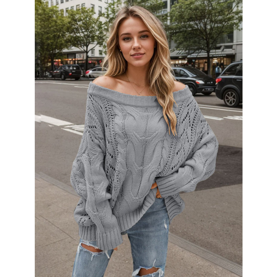 Cable Knit Openwork Off-Shoulder Sweater Apparel and Accessories