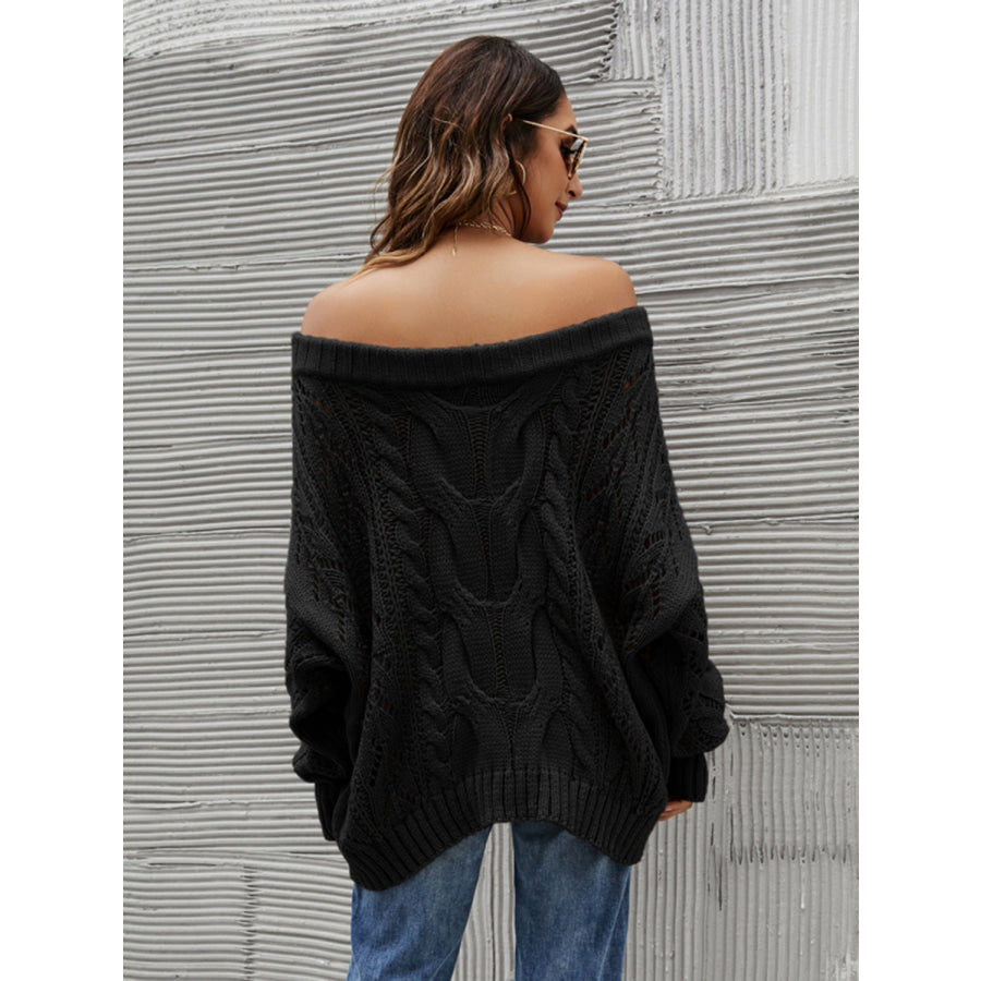 Cable Knit Openwork Off-Shoulder Sweater Apparel and Accessories