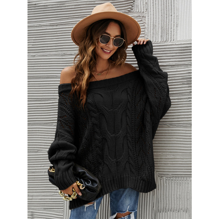 Cable Knit Openwork Off-Shoulder Sweater Black / S Apparel and Accessories