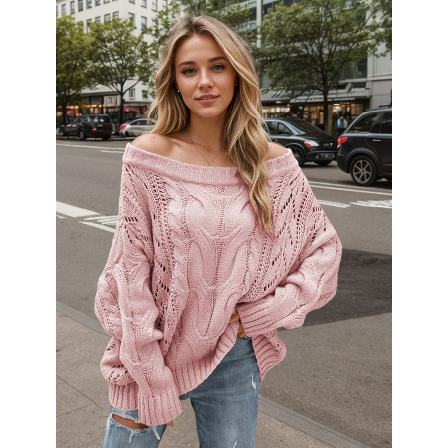 Cable Knit Openwork Off-Shoulder Sweater Dusty Pink / S Apparel and Accessories