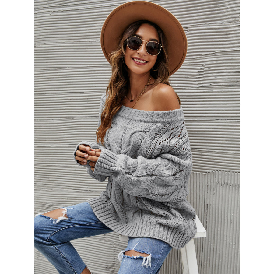 Cable Knit Openwork Off-Shoulder Sweater Gray / S Apparel and Accessories