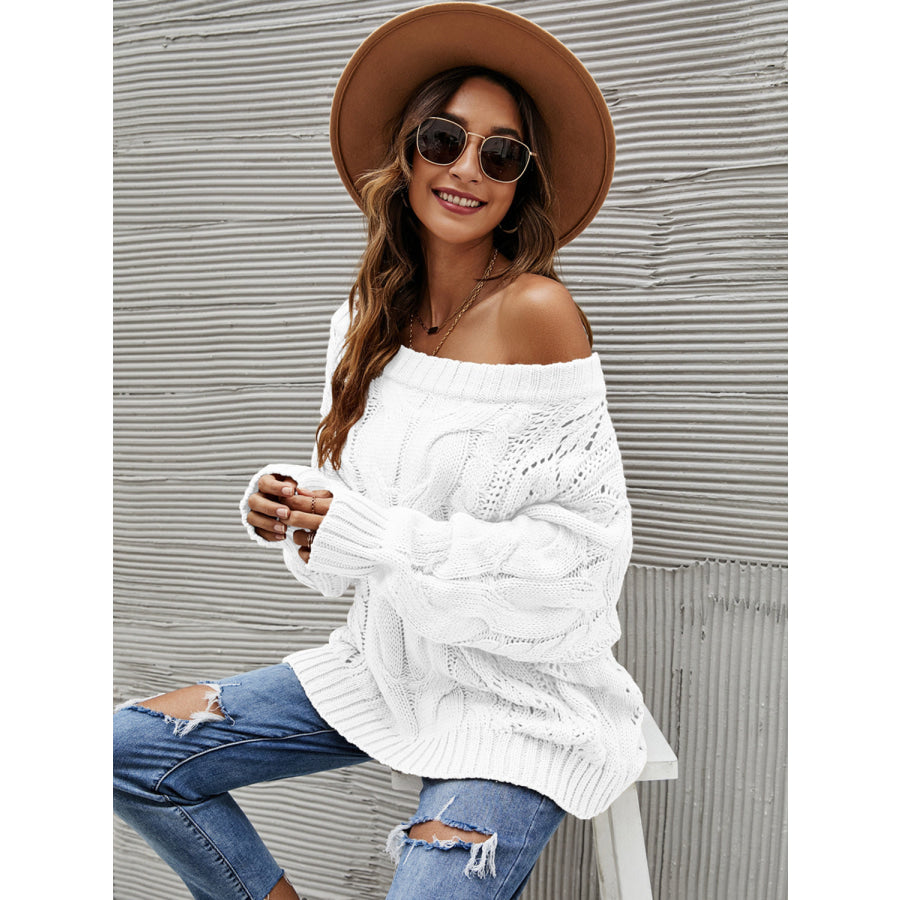 Cable Knit Openwork Off-Shoulder Sweater White / S Apparel and Accessories