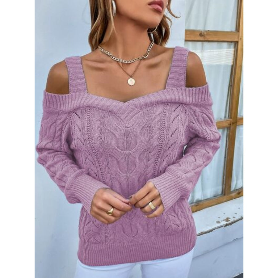 Cable-Knit Openwork Sweetheart Neck Sweater Lilac / S Clothing